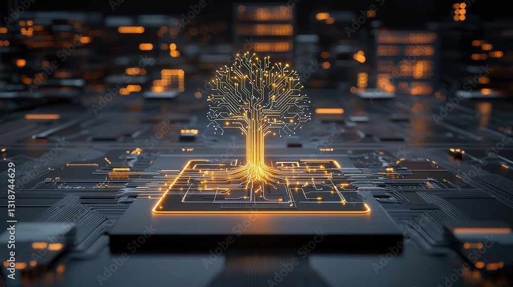 Poster captivating digital artwork depicting a glowing golden tree like structure emerging from a intricate