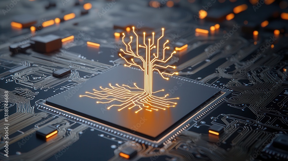Poster futuristic digital artwork depicting a glowing golden circuit board with intricate electronic patter