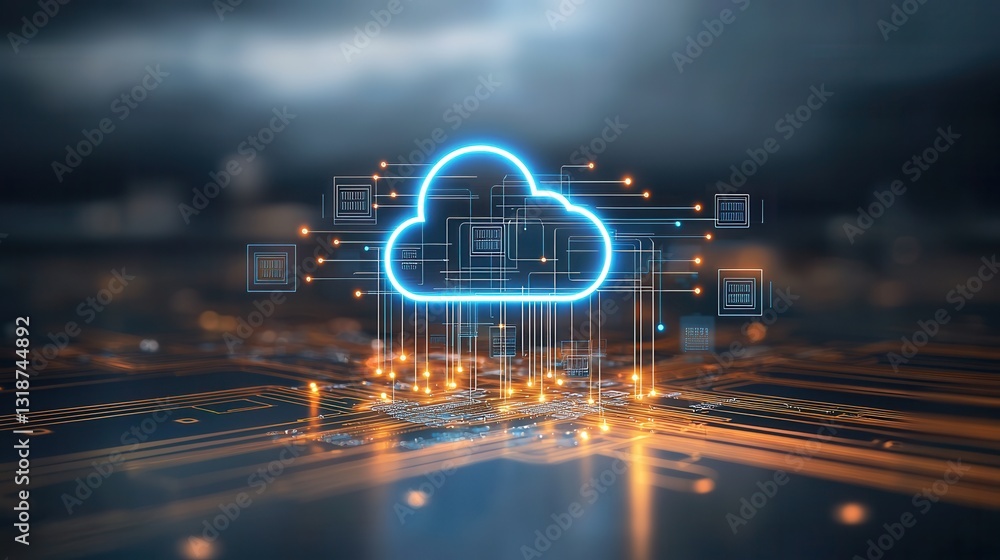 Poster futuristic digital cloud computing concept featuring glowing data interfaces cyberpunk inspired visu