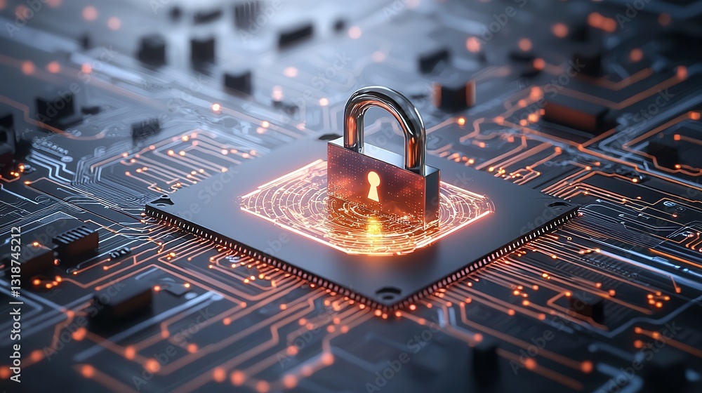 Poster glowing futuristic digital of a secure cybersecurity lock on a complex circuit board background conc