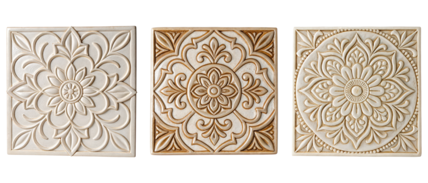 Three decorative square tiles on a transparent background