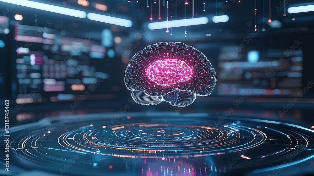 Poster futuristic digital of a glowing holographic brain visualization on an abstract technology background