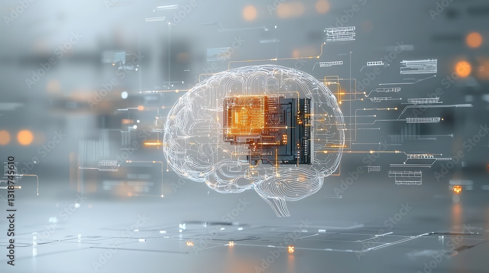 Poster futuristic digital depicting a human brain with advanced technological interfaces neural connections