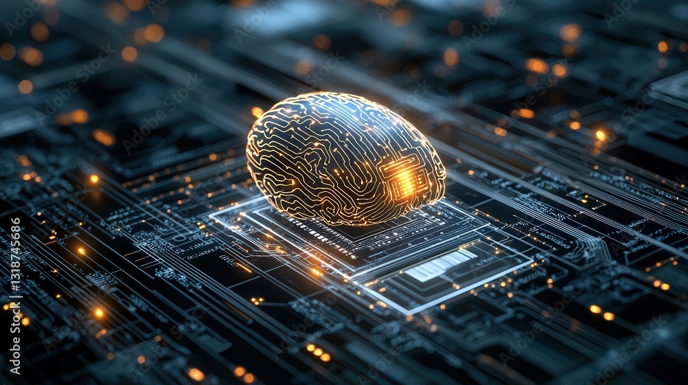 Poster futuristic digital depicting a human head with advanced technology including neural networks digital
