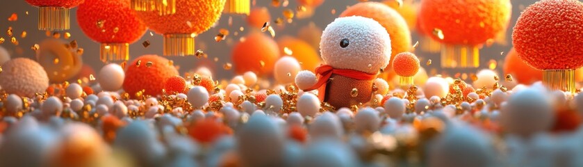 Naklejka premium Explore a captivating digital world where a cute, plush-like character navigates through a sea of orbs and confetti Observe how similar to Young learners developing problem-solving skills with