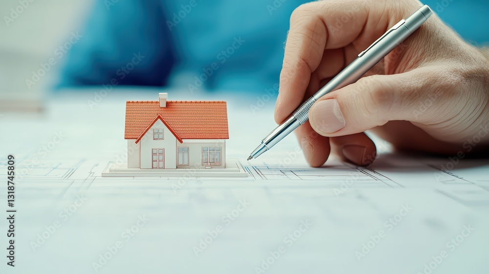 Poster hand pointing at model house with architectural plans in background for real estate developers' use