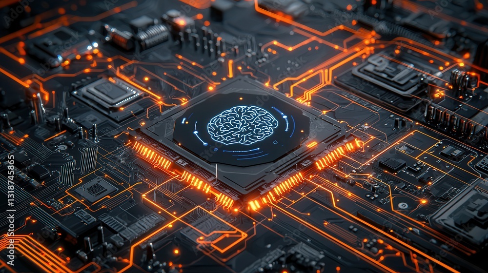 Poster futuristic digital depicting an brain fused with a complex cyberpunk inspired circuit board featurin