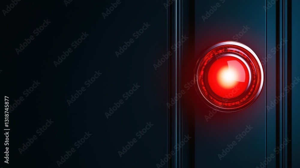 Poster red glowing light on a recording device signaling active status in a dark background