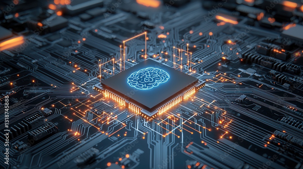 Poster futuristic digital depicting an brain fusing and integrating with a complex intricate network of adv