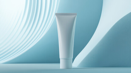 A sleek, white cosmetic tube against a soft blue backdrop, embodying a minimalist and modern aesthetic.