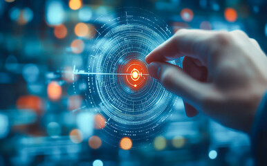 Businessman touching a target icon with a group of people and social media icons on a virtual screen