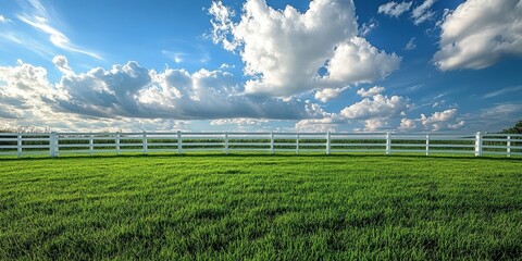 Fototapeta premium Vibrant green grass sways under a deep blue sky dotted with wispy white clouds, framed by a pristine white fence on the horizon