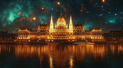 Obraz premium Ornate building lit golden against a night sky, reflected in the water below