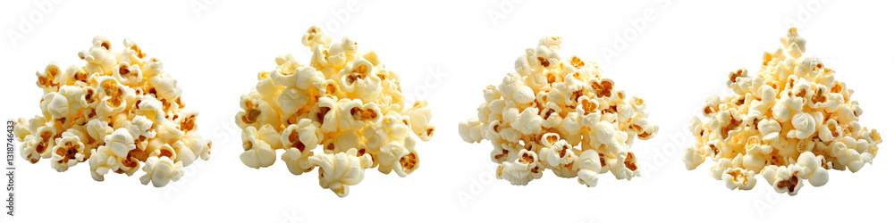 Poster four piles of fluffy popcorn isolated on transparency background