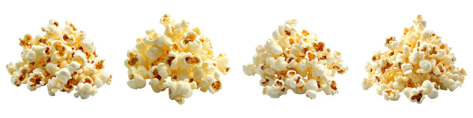 Four piles of fluffy popcorn isolated on transparency background