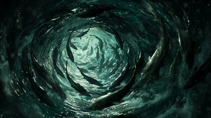Dark Underwater Vortex of Fish Swirling in Teal and Green Waters