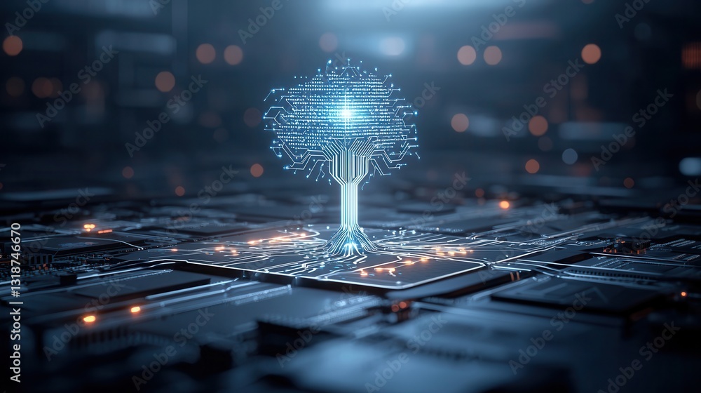 Poster futuristic digital showcasing an ai powered tree with intricate digital patterns interconnected data