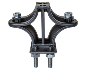 Black metal mounting bracket with bolts on a transparent background