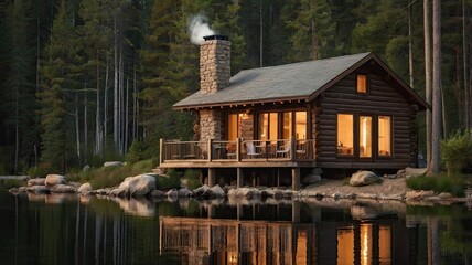 Fototapeta premium A log cabin with a chimney and a stone fireplace