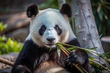 Obraz premium Panda's Bamboo Feast: A close-up capture of a giant panda, its black and white fur gleaming, contentedly munching on bamboo shoots, amidst the natural habitat. 