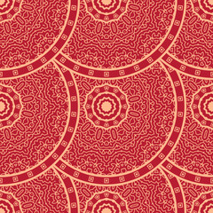 Vector Japanese seamless pattern in oriental geometric traditional style. Festive ornament for lunar chinese new year decoration. Red and golden asian creative motif. Abstract Waves and Circles.