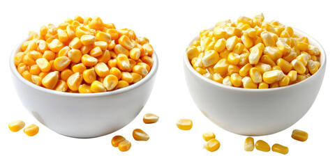 Two white bowls filled with fresh yellow corn kernels on transparency background