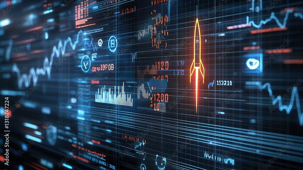 Poster futuristic digital rocket launch scene featuring a complex financial analytics and data visualizatio