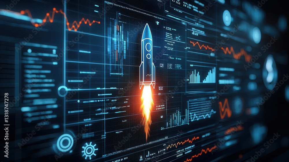 Poster futuristic digital rocket launch scene featuring a sleek data visualization dashboard with market ch