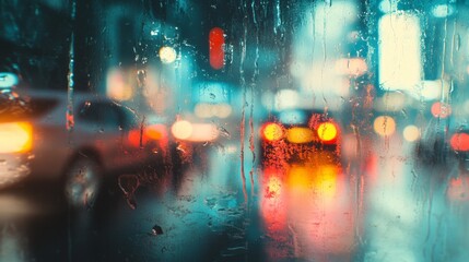 Obraz premium Bright hues of red and blue reflect off wet surfaces as cars navigate the rainy streets. Raindrops create a dreamy ambiance, blurring the vibrant urban life in the evening