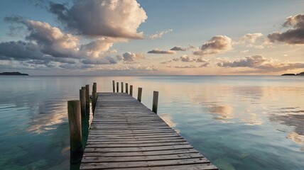 Fototapeta premium A wooden pier is on the water with a cloudy sky in the background