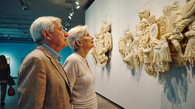 An elderly couple looking at an exhibit at a museum