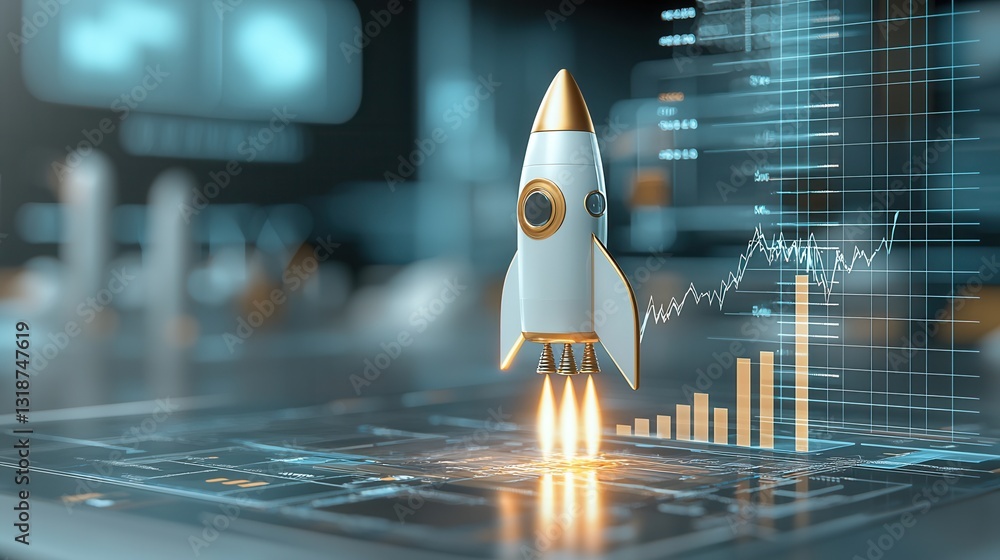 Poster a visually striking digital depicting a futuristic golden hued rocket launch against the backdrop of