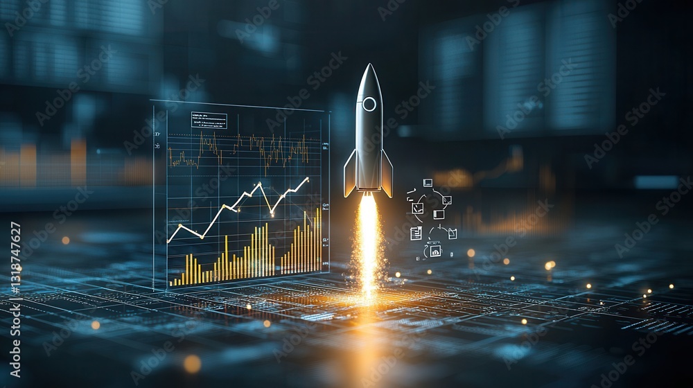 Poster futuristic digital depicting a sleek golden hued rocket launching against a backdrop of dynamic data