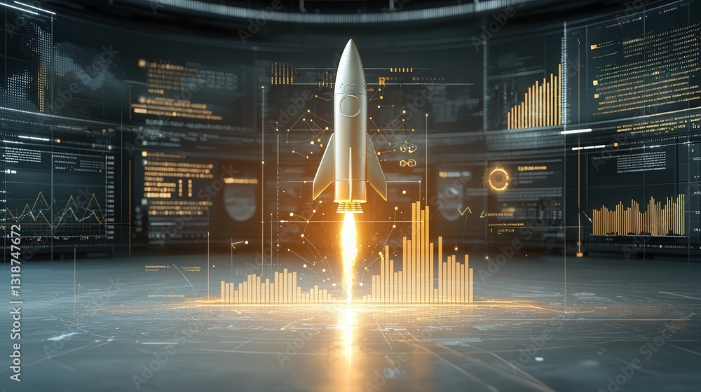 Poster futuristic digital showcasing a powerful rocket launch against a backdrop of dynamic data analytics 