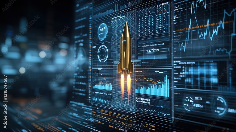 Poster futuristic digital of a sleek rocket launch data visualization dashboard with financial analytics gr