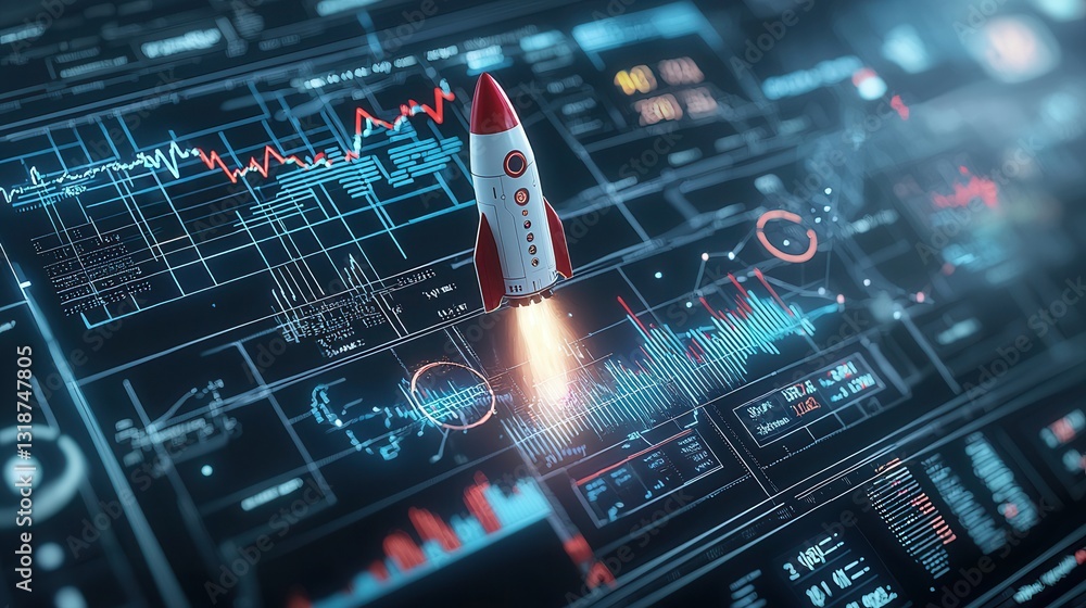Poster futuristic high tech rocket launch sequence with a detailed digital dashboard displaying real time d
