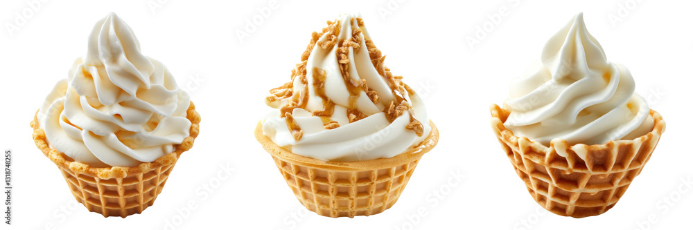 Poster three waffle cones with swirled soft serve ice cream and caramel topping