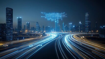 Obraz premium Futuristic neon lit city skyline with ultra modern skyscrapers illuminated highways and vivid light trails showcasing the dynamic progress and technological innovation of a bustling metropolitan area