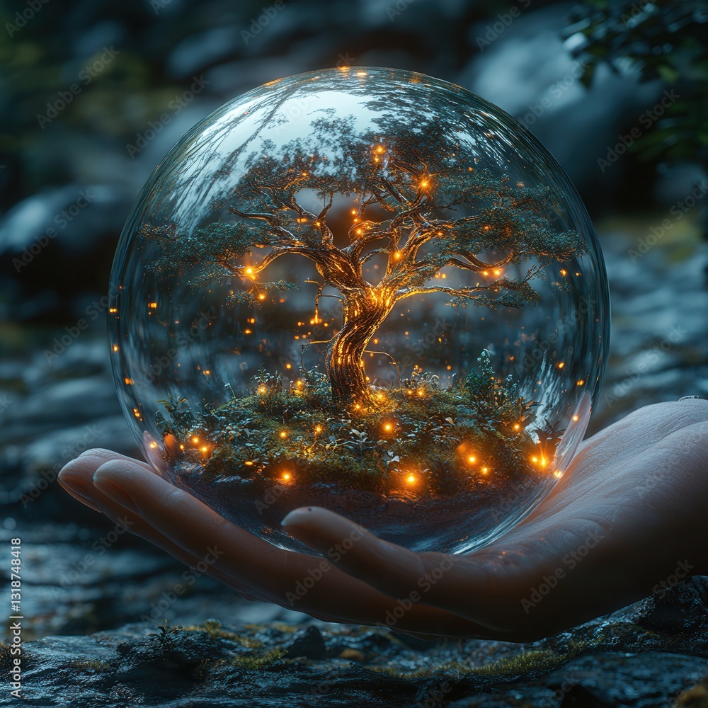 Poster a breathtaking image of a glowing ethereal sphere being held in cupped hands surrounded by the mesme