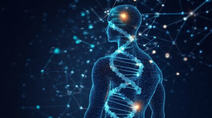Human body silhouette made of DNA strands and molecular connections, representing biotechnology and futuristic medicine