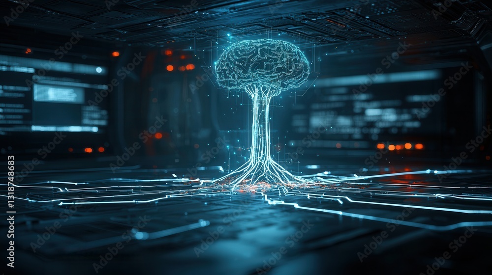 Poster glowing brain seamlessly integrating with cybernetic digital landscape futuristic visualization of i