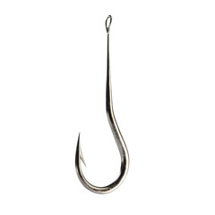 A detailed view of a fishing hook, showcasing its sharp point and unique shape, essential for any fishing enthusiast.