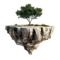 Obraz premium A floating island featuring a lush tree atop rugged terrain, symbolizing nature's resilience and beauty in an imaginative landscape.