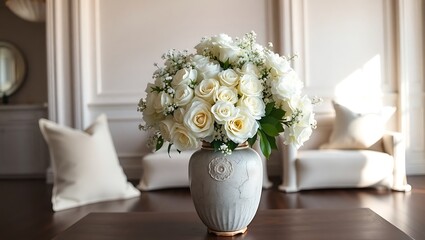 Elegant White Floral Arrangement in Textured Vase – Serene Indoor Setting | Generative AI