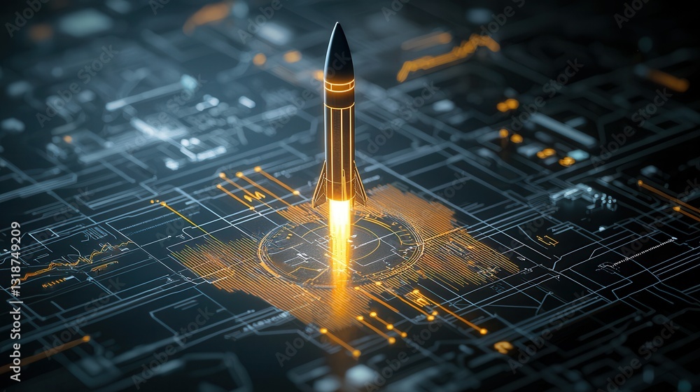Poster explosive startup and technology advancement concept with rocket launch trajectory on futuristic dig