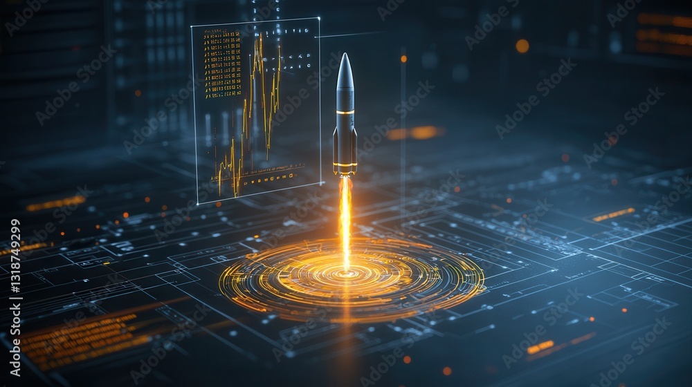 Aufkleber high energy startup and technology advancement concept with futuristic rocket launch and digital int