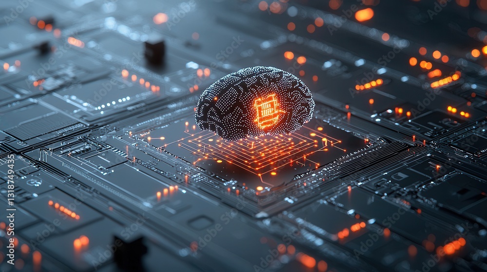 Poster highly detailed biomechanical brain tree structure with fiery circuits glowing processors and comple