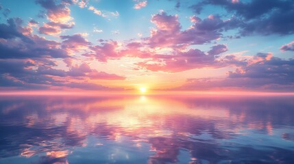 Fototapeta premium Pink sunset reflects off calm water; clouds fill blue sky