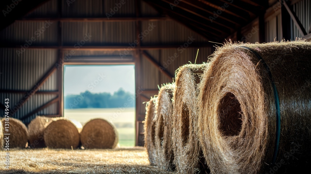 Poster barn full of hay with a view of the outside. the hay is stacked in a row and the barn is open