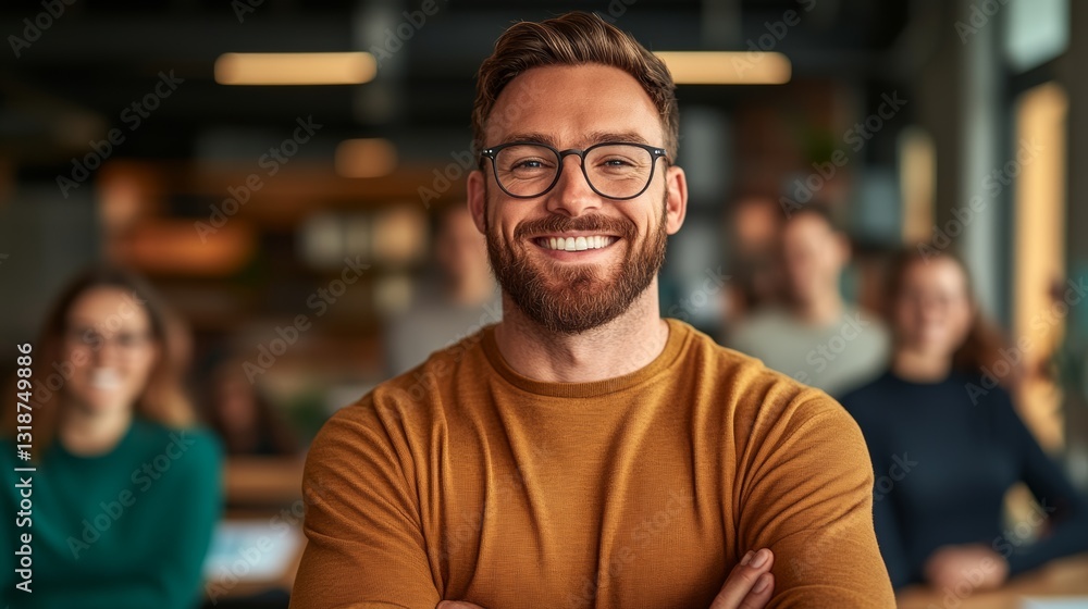Poster man with glasses is smiling and posing for a photo. he is wearing a yellow sweater and has a beard. 